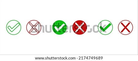 Set of simple web buttons: green tick and red cross. Round  with sharp and rounded corners.