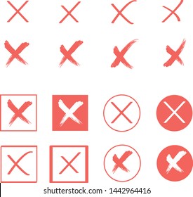 Set of simple web cross buttons. Circle and square, with sharp and rounded corners. Set of sixteen different red reject icon set in red square confirmation. Vector Eps.8.