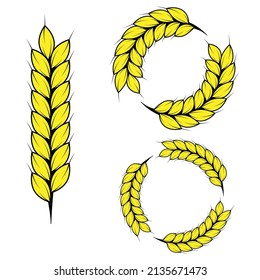 Set of simple wheats ears icons and grain design elements for beer, organic wheats local farm fresh food, bakery themed wheat design, grain, beer elements, wheat simple. Vector illustration 