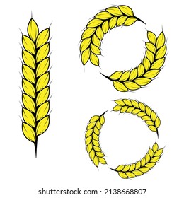 Set of simple wheats ears icons and grain design elements for beer, organic wheats local farm fresh food, bakery themed wheat design, grain, beer elements, wheat simple. Vector illustration 