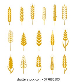 Set Of Simple Wheats Ears Icons And Wheat Design Elements For Beer, Organic Wheats Local Farm Fresh Food, Bakery Themed Wheat Design, Grain, Beer Elements, Wheat Simple. Vector Illustration Eps10