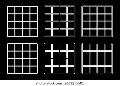 Set of Simple White 4x4 Square Image or 4x4 Square Grid Patterns Design on a Black Background Vector Illustration.