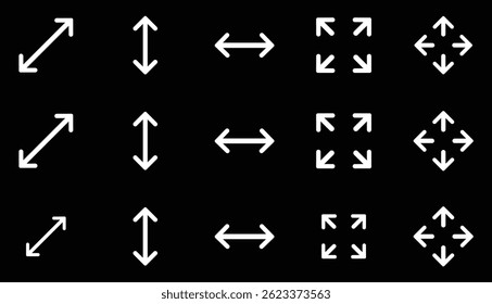 A set of simple, white arrow icons illustrating various directional movements against a black backdrop.