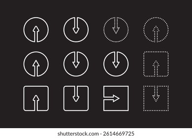 Set of Simple White Arrows Icons on Black Background.