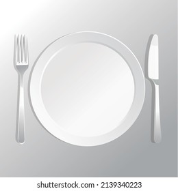 Conjunto de cubiertos blancos simples, gran placa de cerámica blanca, cuchillo plateado simple y plata mínima colocada en ambos lados sobre fondo gris, vector.