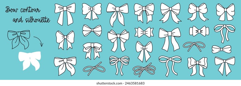 Set of simple white decorative holiday ribbon bows for gifts, to decorate hair. Bow outline and silhouette for gift wrapping for birthday, Christmas, New Year. Isolated Flat Vector EPS10