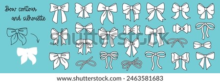 Set of simple white decorative holiday ribbon bows for gifts, to decorate hair. Bow outline and silhouette for gift wrapping for birthday, Christmas, New Year. Isolated Flat Vector EPS10