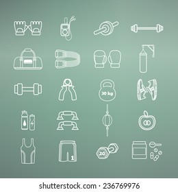 Set of simple white fitness thin line icons for boys. Vector illustration of sport symbols in flat style on the gradient background