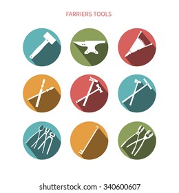 Set of simple white plane farrier`s tools icons and elements for your design on round buttons with diagonal shadows. Vector red, green, blue and yellow buttons for your website.