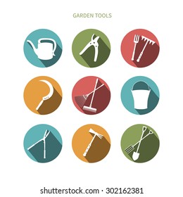 Set of simple white plane items for garden work on round buttons with diagonal shadows. Vector buttons for your website.