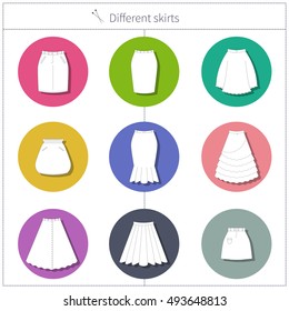 Set of simple white plane types of skirts on round buttons with shadows. Vector buttons for your website.