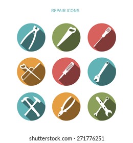 Set of simple white plane working tools icons on round buttons with diagonal shadows. Vector buttons for your website.