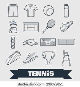 Set of simple white silhouettes big tennis icons. Vector illustration of sport symbols in flat style with long shadows on multicolored circles background