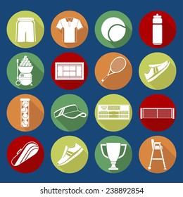 Set of simple white silhouettes big tennis icons. Vector illustration of sport symbols in flat style with long shadows on multicolored circles background