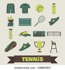 Set of simple white silhouettes big tennis icons. Vector illustration of sport symbols in flat style with long shadows on multicolored circles background