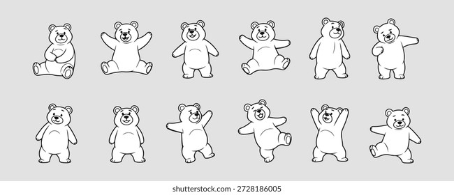 Um conjunto de contornos de ursinho de pelúcia branco simples mostrando várias poses e ações bonitas.