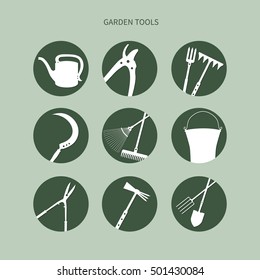 Set of simple white tools for garden work on round buttons. Vector.