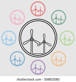 Set of simple wind turbine icons. Electric windmill signs. Eco energy source.