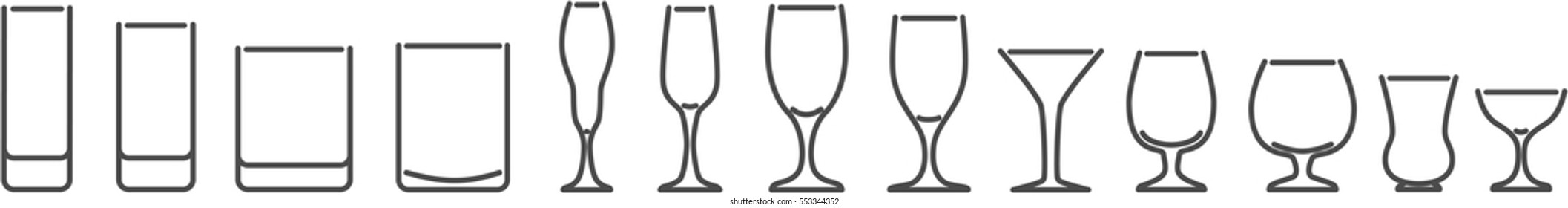 Set of simple wine glasses and cups isolated on white