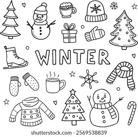 Set of simple winter doodle illustrations
