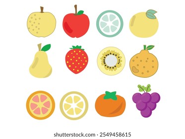 Conjunto De Frutas De Invierno Simples. Ilustración vectorial. Manzana, Lima, Naranja Sangrienta, Pera Asiática, Citrón, Daidai, Kiwi, Cítricos Sumo, Uvas, Caqui, Fresa, Limón, Pera. Frutas de invierno.