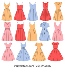 Conjunto de Ilustración vectorial de dibujos animados de vestido de mujer simple aislado en un fondo blanco