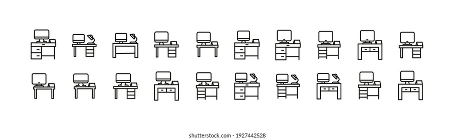 Set of simple workspace line icons. Outline stroke object. Linear signs pack. Perfect for web apps and mobile.