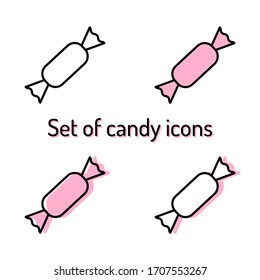 Set of simple wrapped candy icons with black outline on white background. Four icons: contour only, pink fill, offset fill and white fill with pink shadow. Perfect for sweet shops, cafes, pattiseries.