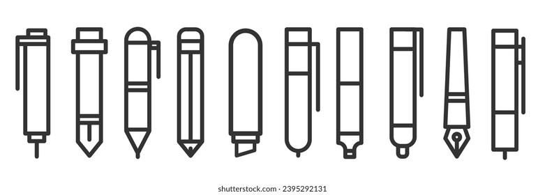 Set simple writing and painting tools in minimal line style. Pen, pencil, marker, liner. Collection monochrome vector illustration.