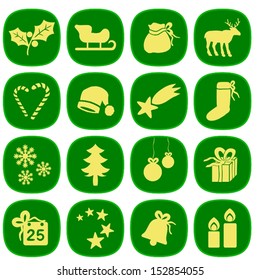 Set of simple xmas icons in green and gold colors. This is a vectorial image, can be resized without loss of quality.