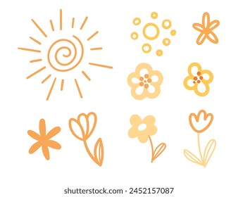 Set of simple yellow flowers with sun vector illustration isolated on white background