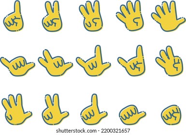 Set of simple yellow hand shapes, rock paper scissors