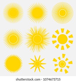 Set of simple yellow orange Sun icons on white background. Cartoon vector illustration of a sunrise. Sunset Graphic logo symbols for kids.