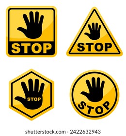 Set of simple yellow stop roadsign with big hand symbol or icon vector illustration