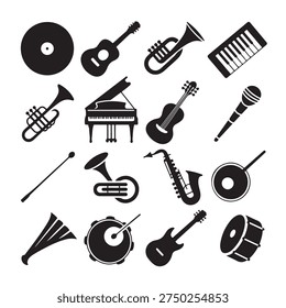 Set of simple yet detailed musical instrument silhouettes. Featuring classic icons like the saxophone, tuba, and pan flute, ideal for music festivals, schools, or studio branding.