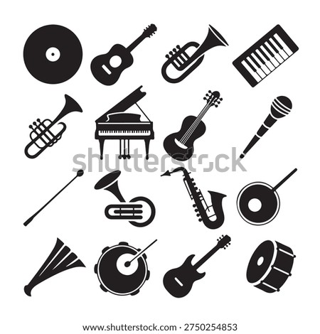 Set of simple yet detailed musical instrument silhouettes. Featuring classic icons like the saxophone, tuba, and pan flute, ideal for music festivals, schools, or studio branding.