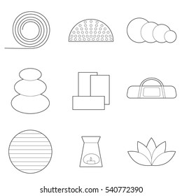 Set of simple yoga equipment line art  icons on black background vector illustration