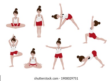 Set of simple yoga poses for beginners. Young woman standing in various asanas or doing physical exercises. Healthy lifestyle concept. Isolated on white cartoon flat style vector illustration.