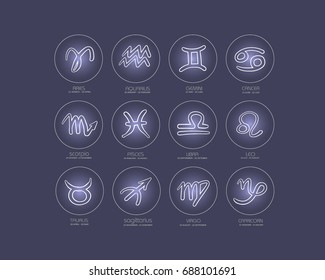 Set of simple zodiac sign with captions and dates. Horoscope symbols. Hand drawn vector scribble. Icons on a dark  background.