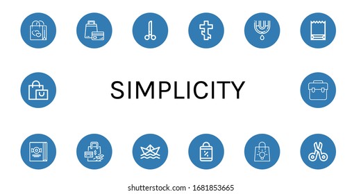 Conjunto de iconos de simplicidad. Bolsa, bolsa de compra, tijeras, cruz ortodoxa, fugas, bolsa de papel, barco de papel , iconos de simplicidad