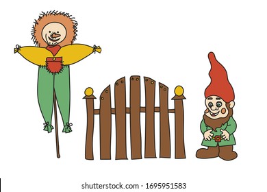 Set of simplified colored illustration of a garden scarecrow, garden gnome and fence on a white background.