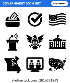 A set of simplified graphic icons representing various aspects of American government and elections, including voting, approval, national symbols, and political events.