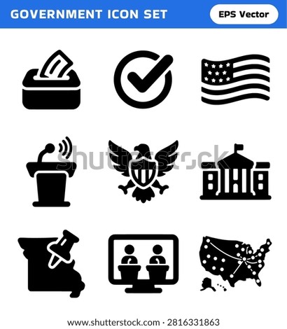 A set of simplified graphic icons representing various aspects of American government and elections, including voting, approval, national symbols, and political events.