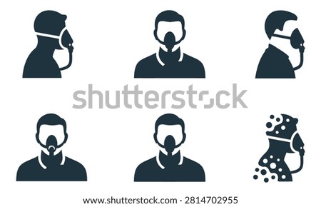 Set of simplified icons depicting people wearing medical oxygen masks in various profiles and angles