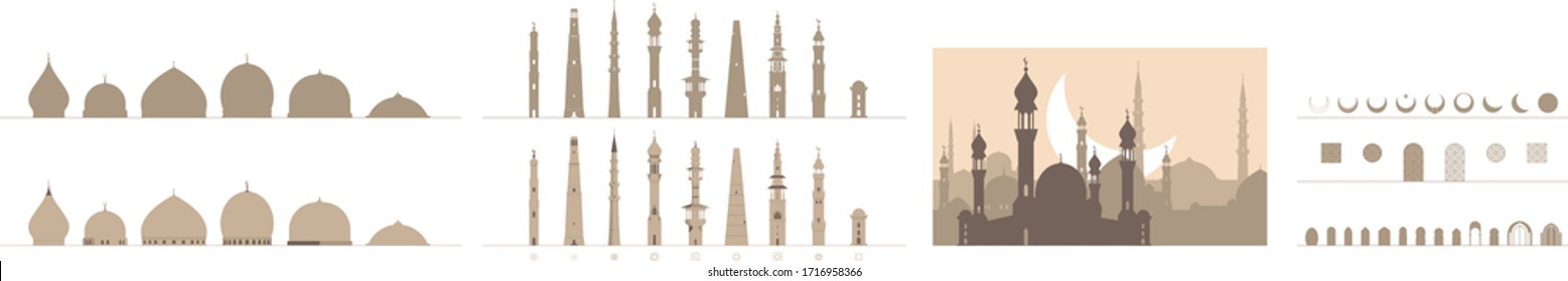 Eine Reihe vereinfachter Elemente der islamischen Architektur von Moschee Minaretten, Kuppeln, Türen, Crescents und Mustern für Grafikdesigner