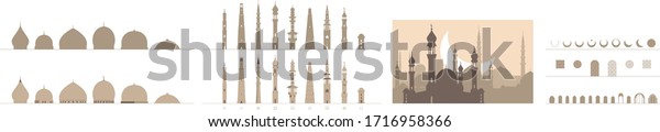 A set of simplified Islamic architecture\
elements of mosque minarets, domes, doors, crescents and patterns\
for graphic designers