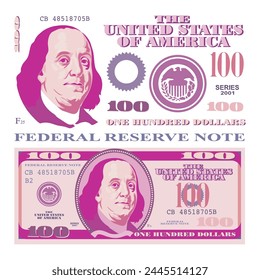 A set of simplified vector design elements and parts of 100 dollars banknote in pink style