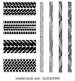 Set of simplify black tire track silhouettes isolated on white background. Road grunge vehicle path patterns and original marks