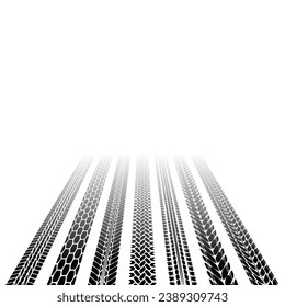 Set of simplify black tire track silhouettes isolated on white background. Road grunge vehicle path patterns