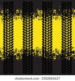 Set of simplify black tire track silhouettes isolated on yellow background. Road grunge vehicle path patterns with shadow. Scratched flat car wheel mark on the road after speed braking